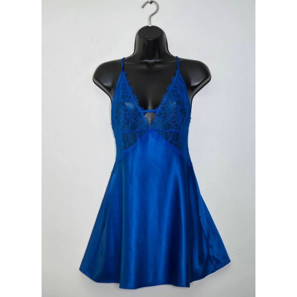 Victorias Secret Slip Dress Size Medium Liquid Satin Lace Mini V-Neck Blue